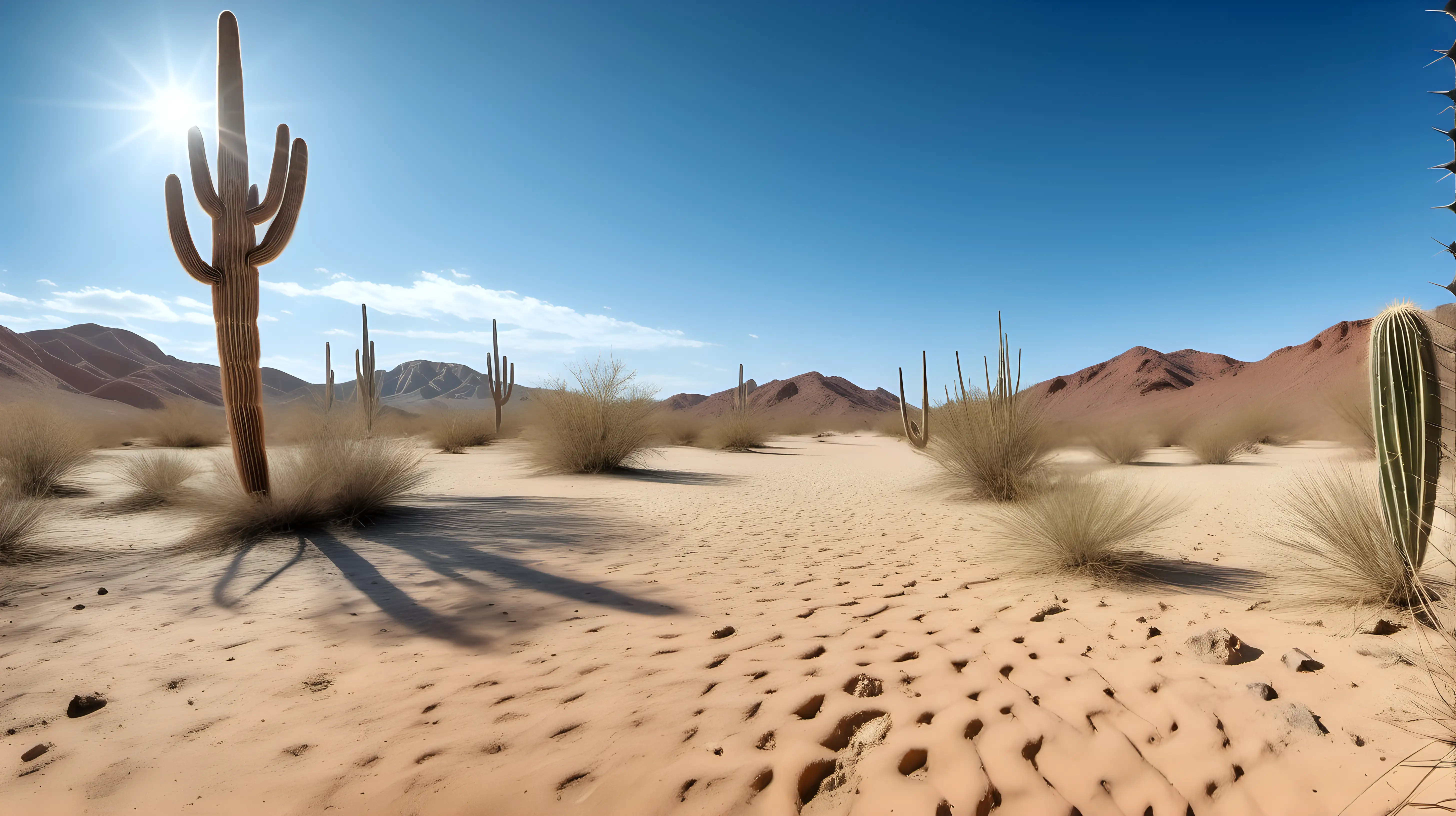 Sandy desert landscape with cactus, blue sky, photo shot
