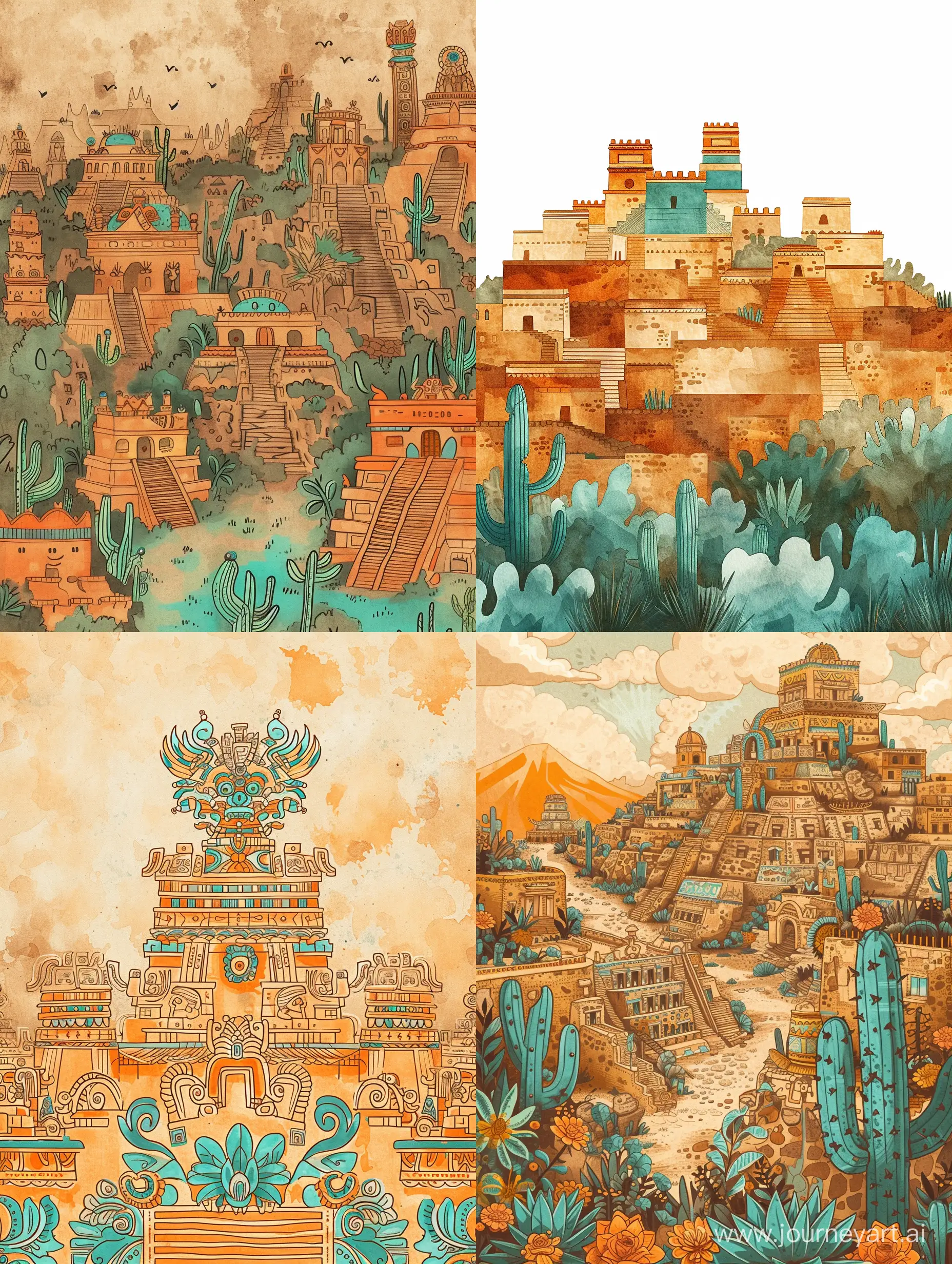 the ornamental background, landscape of the ancient  Mexico , in the old style, delicate, transparent colors, linear, many details, colors of ochre, orange, turquoise, light brown, blue, stylized caricature, watercolor, decorative, flat drawing