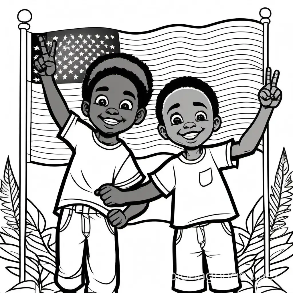 two African kids show victory signs, American flag background, Coloring Page, black and white, line art, white background, Simplicity, Ample White Space. The background of the coloring page is plain white to make it easy for young children to color within the lines. The outlines of all the subjects are easy to distinguish, making it simple for kids to color without too much difficulty