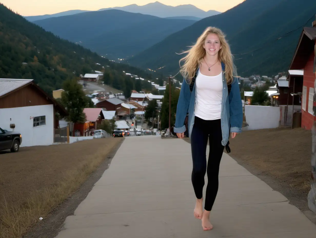 barefoot hippie, bare feet visible, blonde, 25 years old, jeans jacket, white top, black leggins, legwarmers, backpack, walking in mountain town, evening