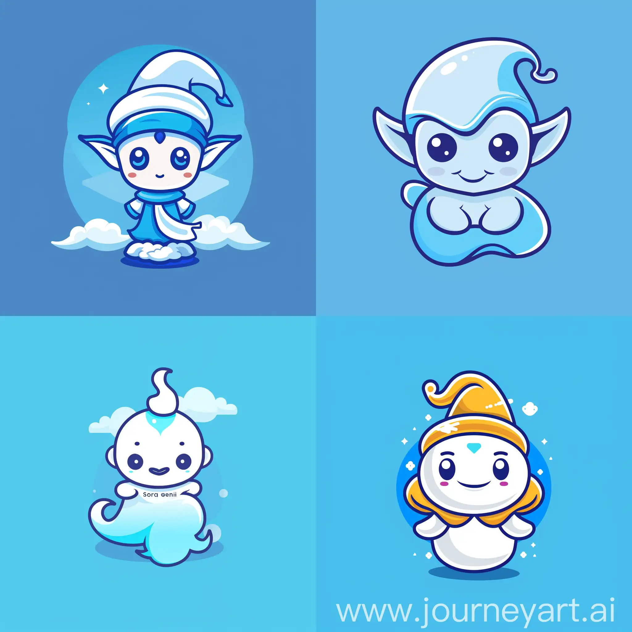 I want you to generate a logo for my startup SoraGeni, it should be essentially a cool cute genie with skyblue background here's info abt startup if you need: Build a large user base by offering GenAI tools and services directly on Telegram. Focused on quality service, great assistance, and excellent branding