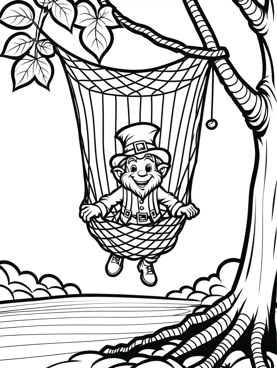 simple coloring page for kids, no color, low detail, simple lines, a leprechaun trapped in a net hanging from a tree
