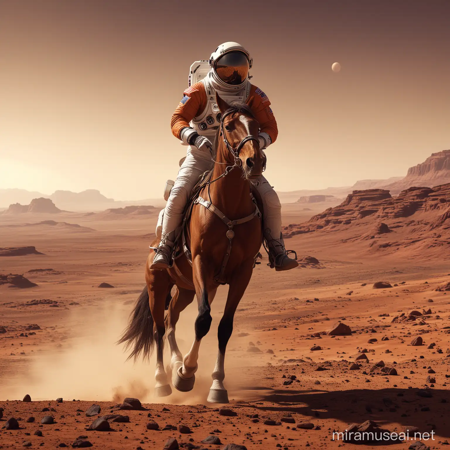 Intergalactic Equestrian Astronaut Horseback Riding on Martian Dunes