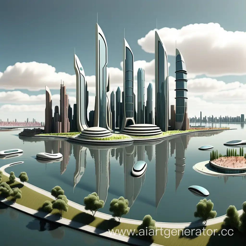 панорама города будущего полуострова у воды вид сбоку
