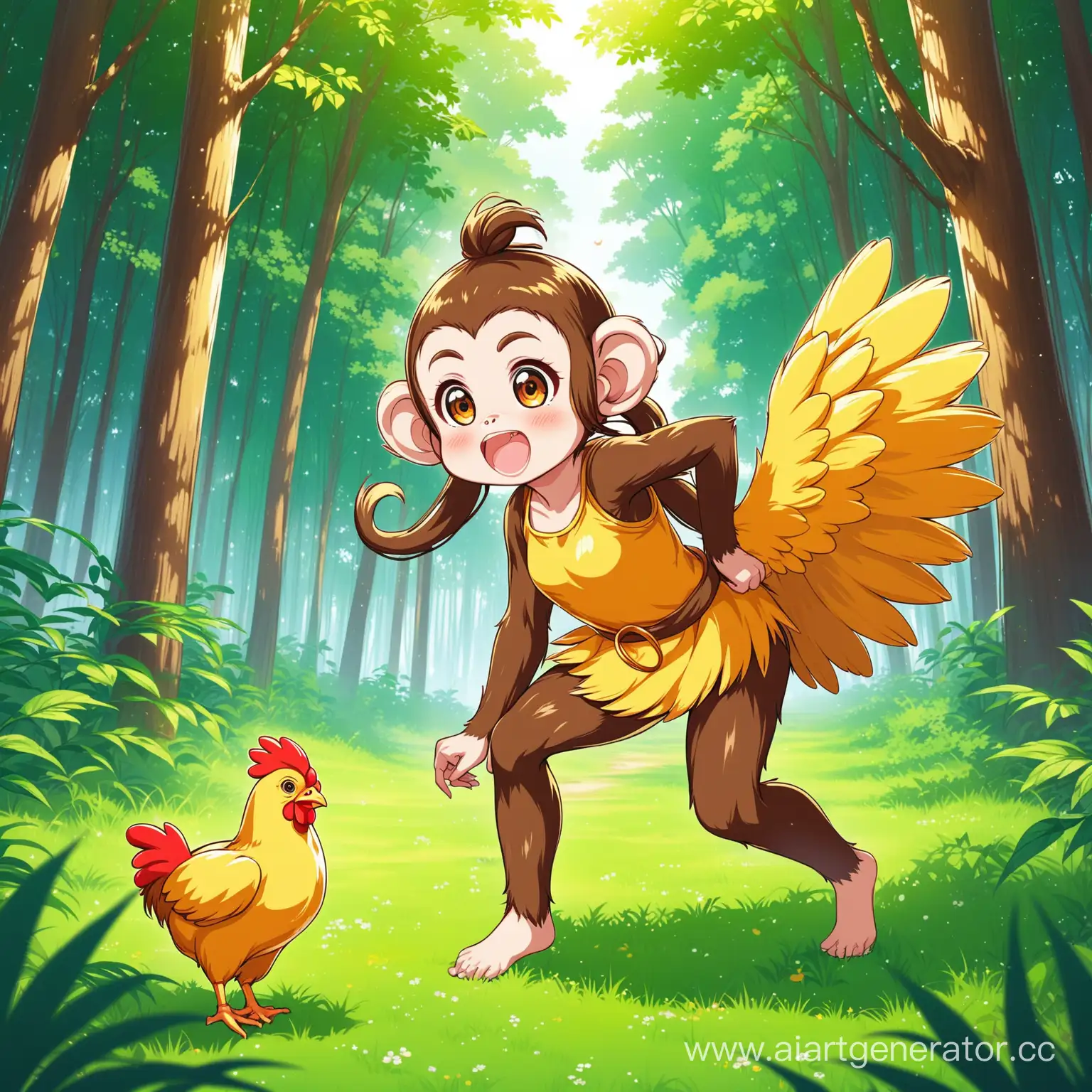 обеьзяна девушка играет в лесу с курицей