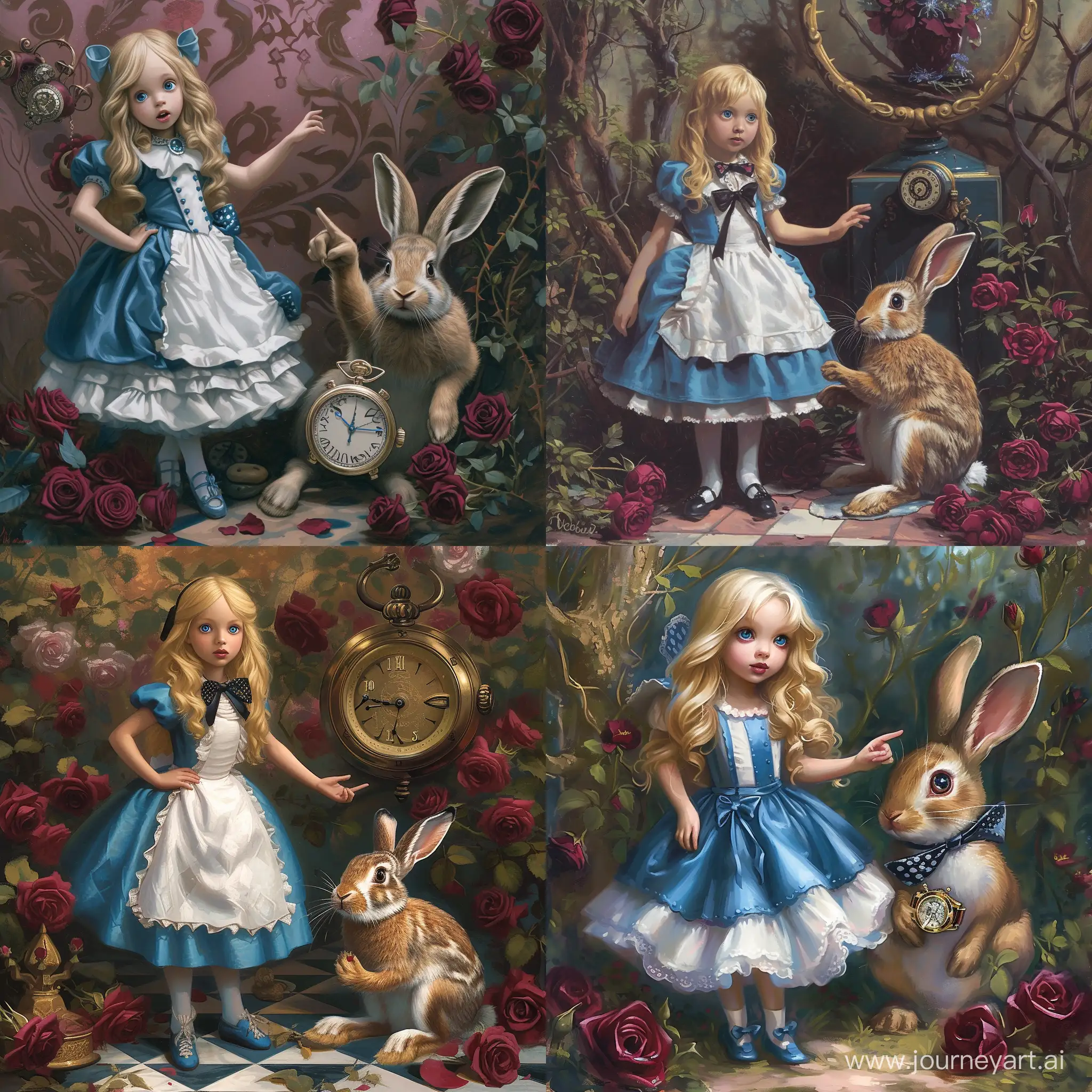 Милая девочка Алиса из сказки про Алису в стране чудес, Алиса с блонд волосами, голубые глаза, стоит в сине-белом платье рядом с кроликом, кролик сидит и показывает на часы, рядом бордовые розы