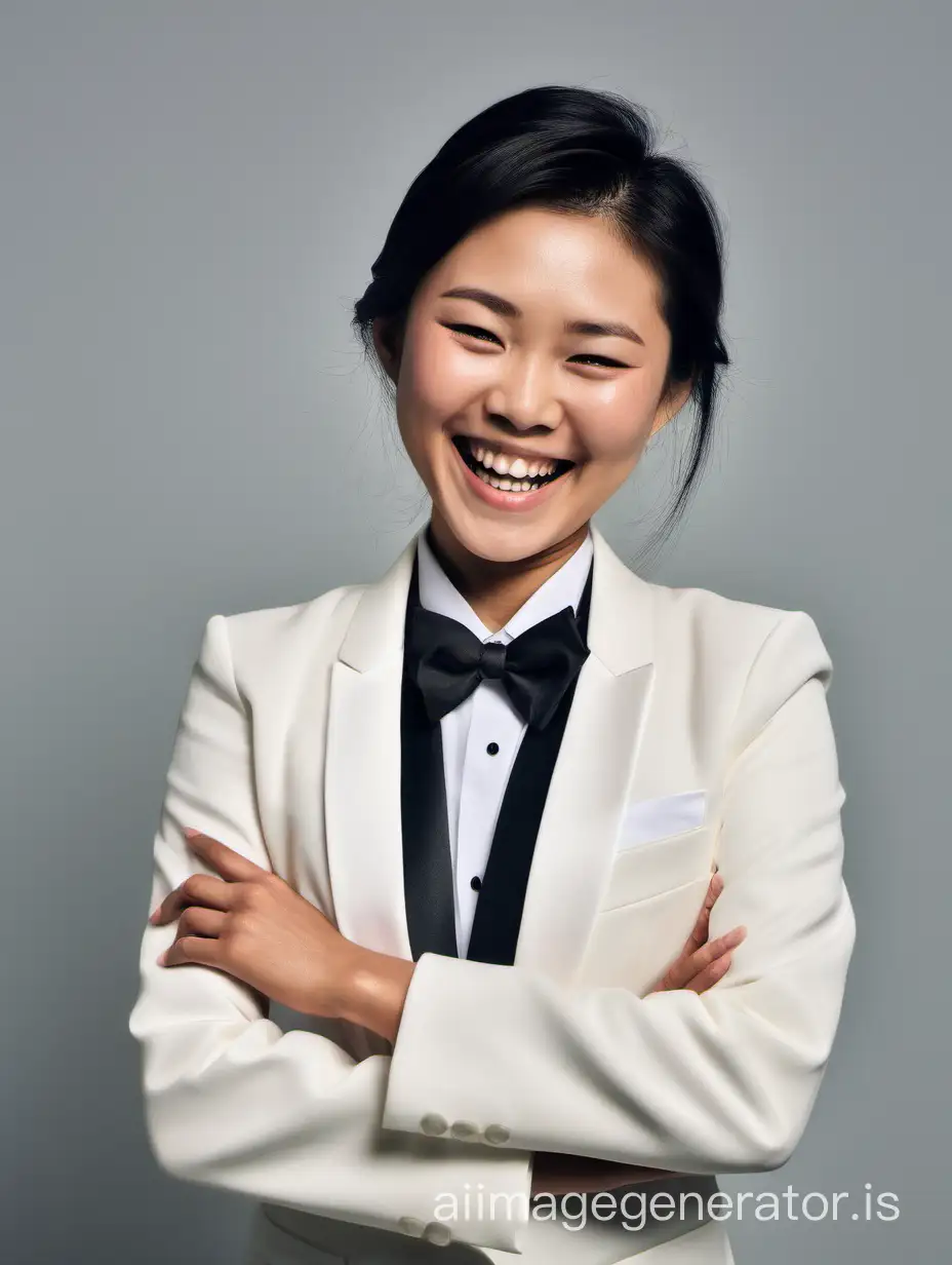 asian woman wearing a tuxedo.  Her jacket is open. She is smiling and laughing.  She is crossing her arms.