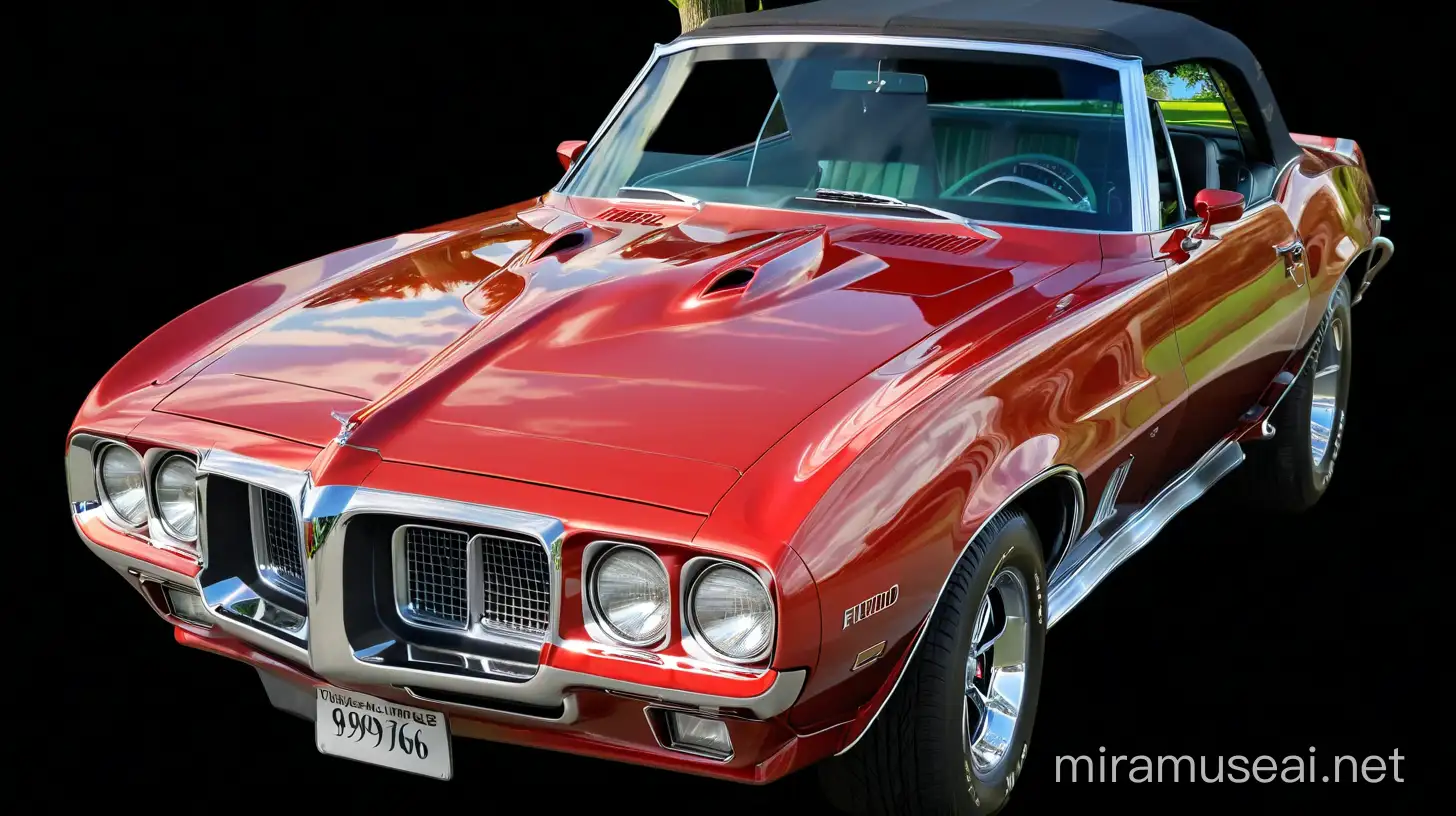 photo realistic of a red and white chrome 1969 FIREBIRD convertible, big CHROME engine, wide CHROME TIRES, standing amidst a vast expanse of lush green grass IN FRONT OF A LARGE WEEPING WILLOW TREE. Small stream with flowing water alongside. CLEAR SUNNY SKY WITH FLUFFY pastel clouds. 