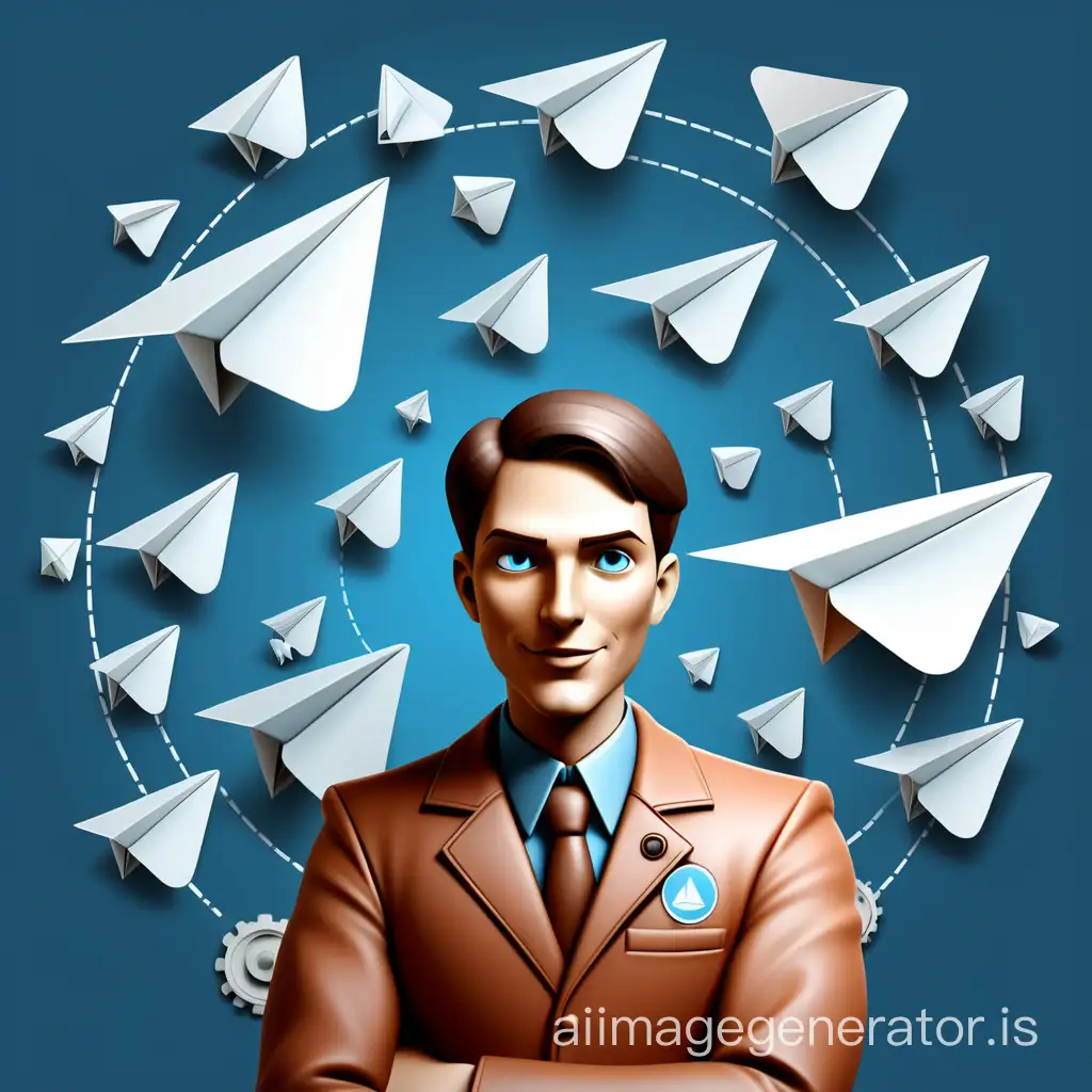 As you can see, a humanized version of the factory, for creating telegram accounts, a color photo. Add more Telegram icons. The Telegram icon is a white paper airplane on a blue background, in a circle.