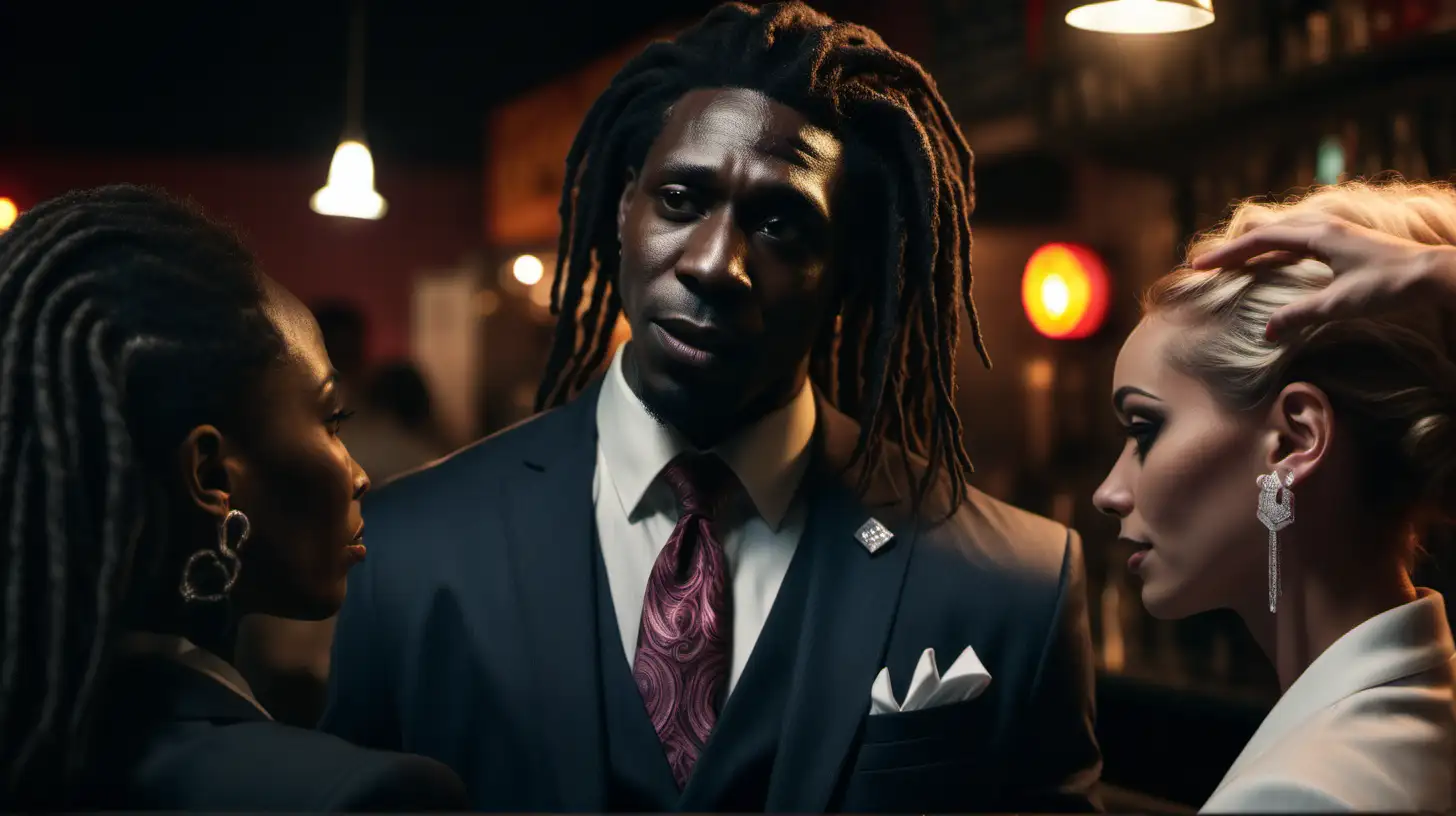 black man with dreadsin the alley wearing a diamond jewlery and a suit. Looking at a female bartender serving another customer, with cinematic lighting