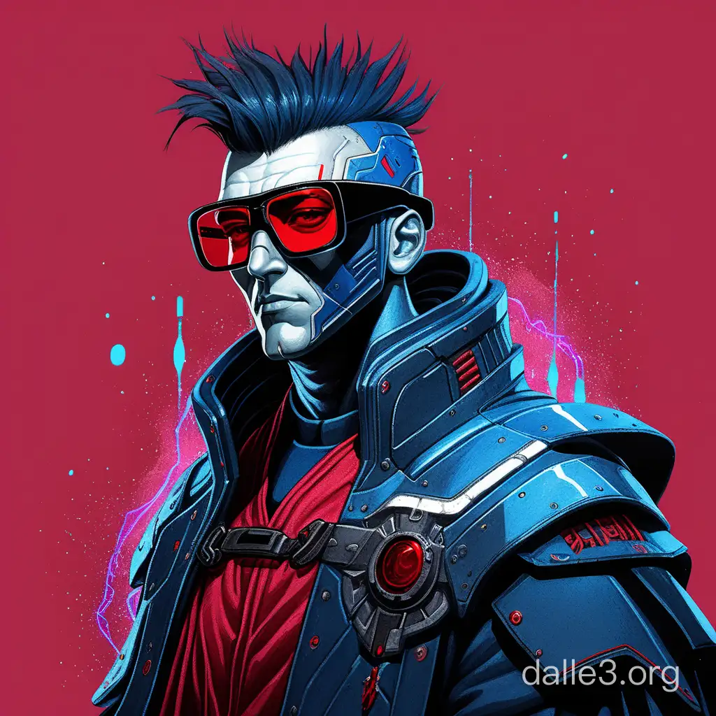 Cyberpunk knight of stardust in red glasses, black and blue robes. Without a background.