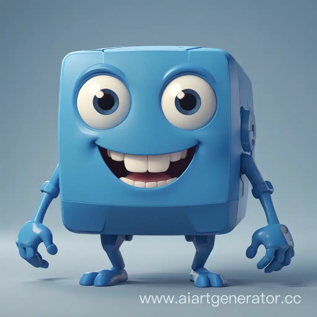 Generate a image of a cube with arms, legs, eyes that are smiling and kind, in a blue color, and with rounded faces, all in a cartoonish style