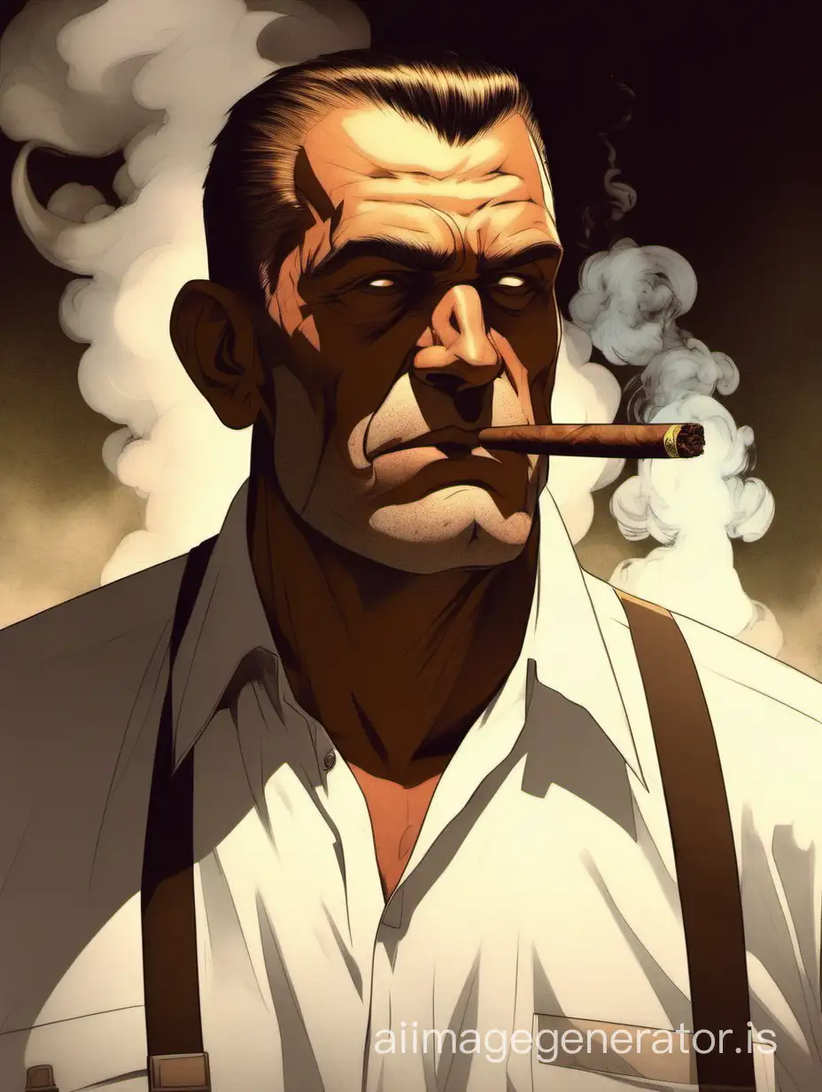 tall, stocky, broad-shouldered man, crew-cut hair, short-sleeved white shirt, smoking a cigar, looking forward, his gaze deep, one eyebrow raised upwards