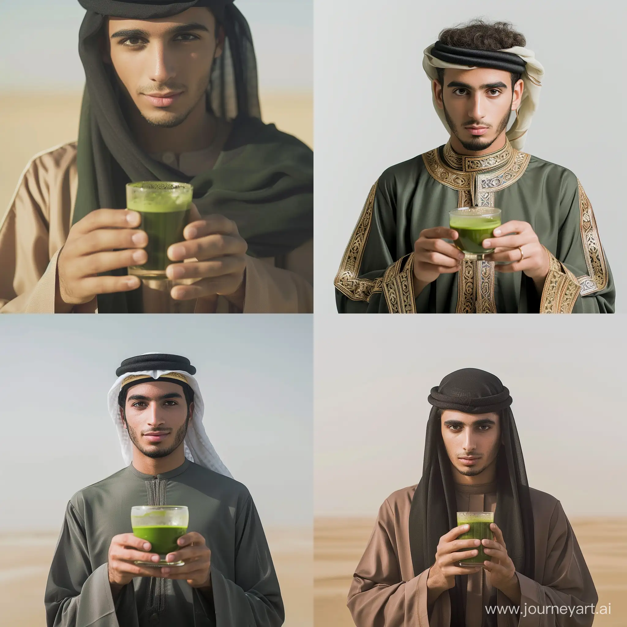 Arabic-Dressed-Man-Enjoying-Clear-Matcha-Tea-in-a-Serene-Landscape