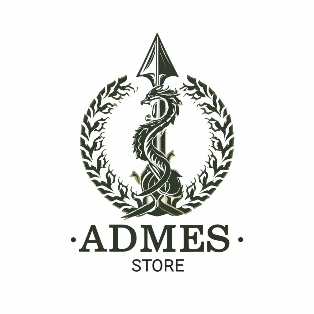 a logo design,with the text "Admes Store ( biologically active supplements )", main symbol:The spear piercing the dragon, around the wreath,Moderate,be used in Internet industry,clear background