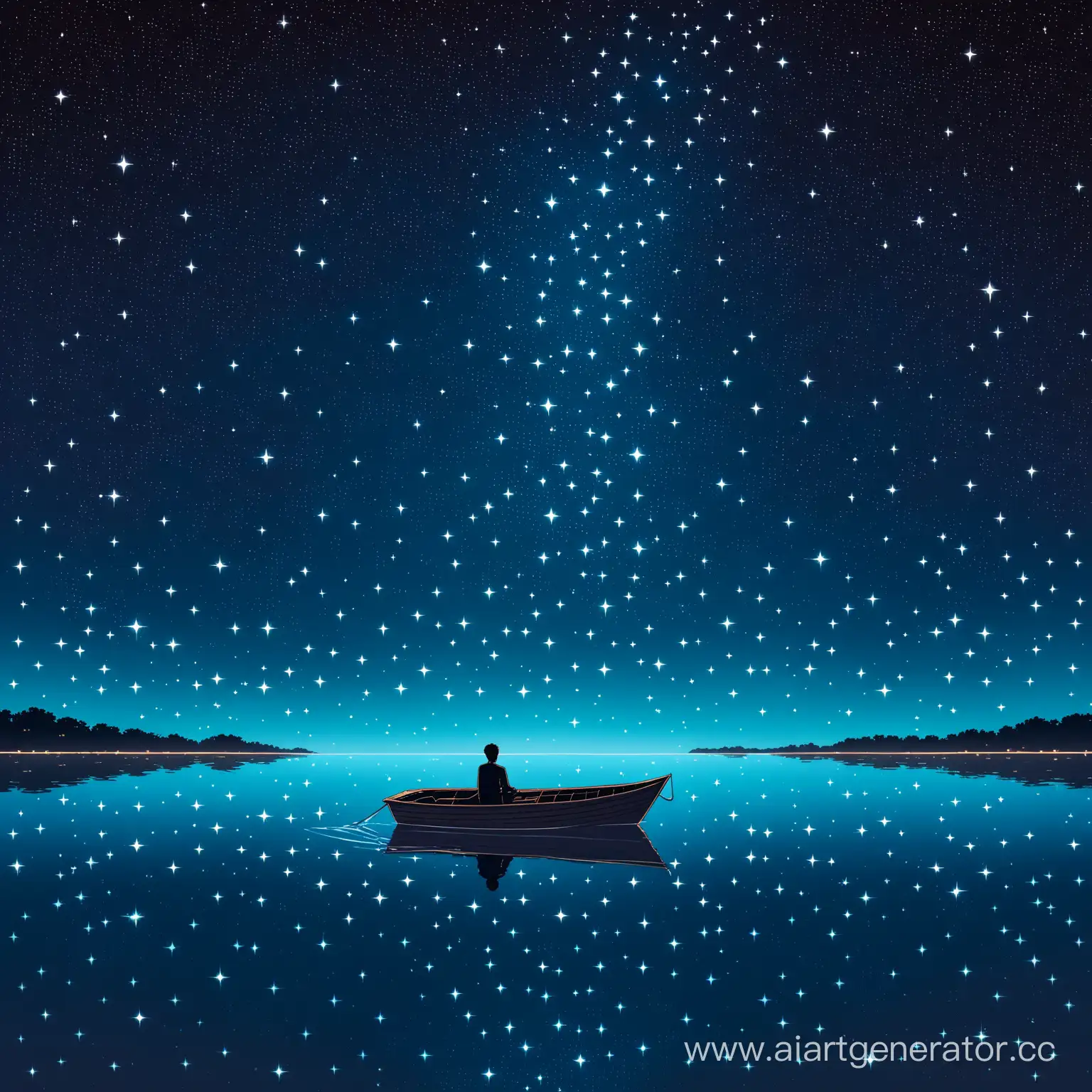 по воде плывет лодка. много звезд отражается на поверхности воды. в лодке юноша смотри на небо