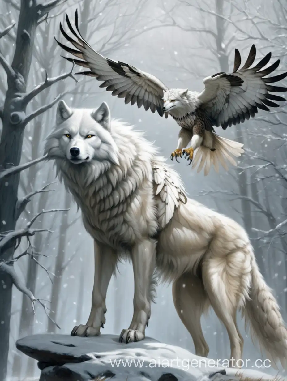 белый волк стоит и ястреб летает около волка.
