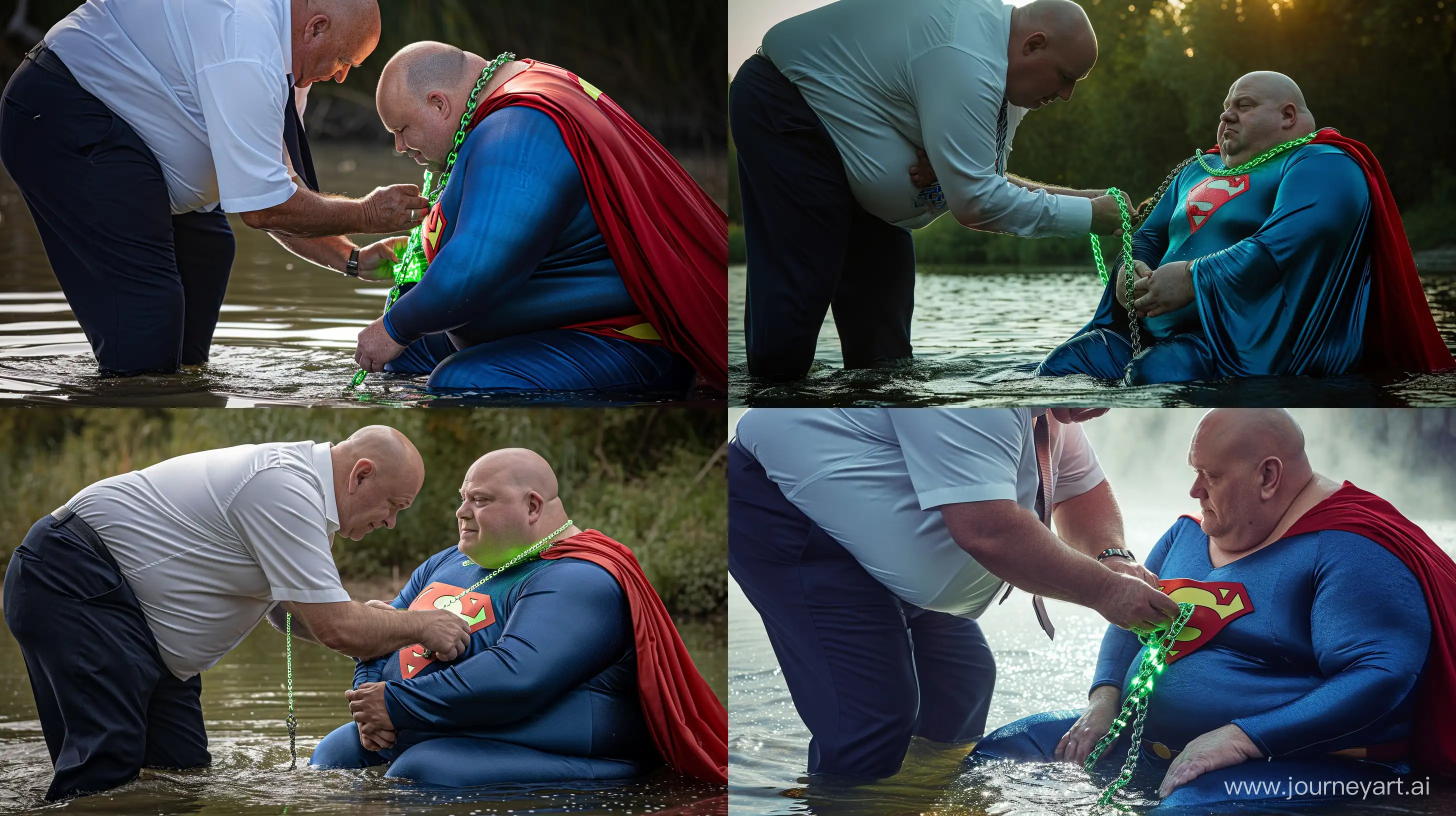 Close-up photo of a chubby man aged 60 wearing a navy business pants and a white shirt, bending over and tightening a green glowing heavy chain dog collar on the neck of another chubby man aged 60 sitting in the water and wearing a blue silky superman costume with a large red cape. Natural light. Outside. Bald. Clean Shaven. --style raw --ar 16:9 --v 6