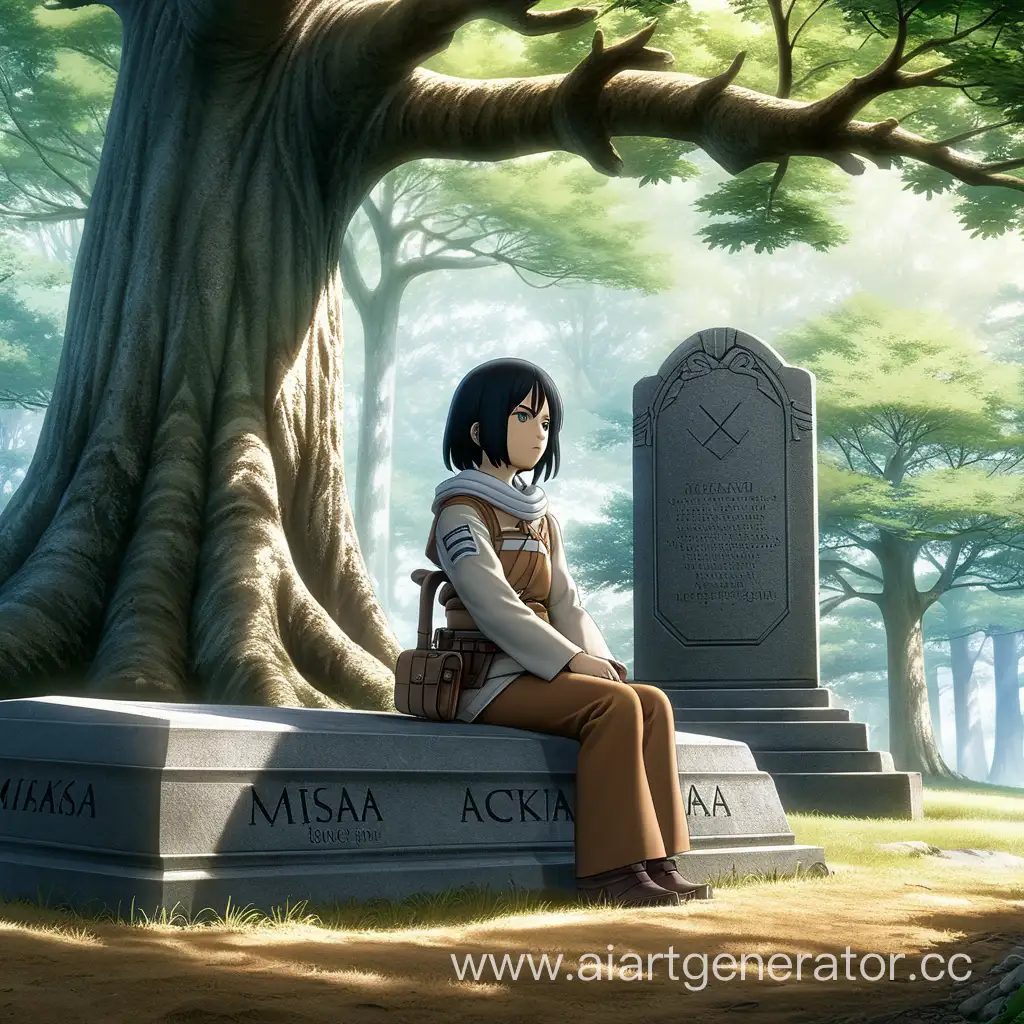 Микаса Аккерман сидит возле каменной могилы, которая находится возле большого высокого дерева на поляне