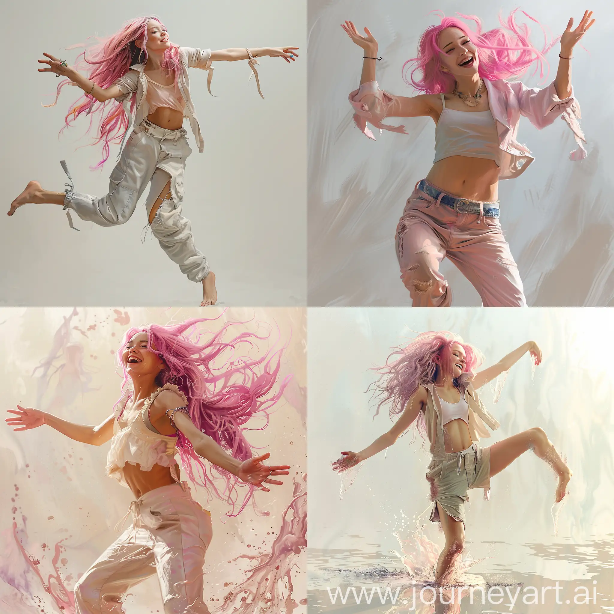 Pretty girl dancing in ecstatic reverie, pink hair, light clothing, photorealistic, very detailed, full of emotion and drama