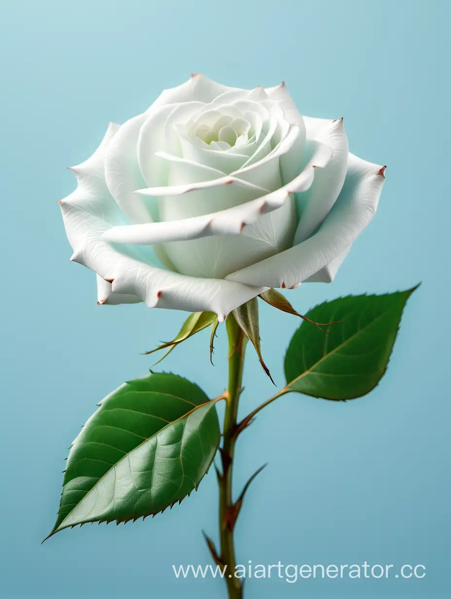 Elegant-4K-HD-White-Rose-with-Fresh-Lush-Green-Leaves-on-Pure-Light-Blue-Background
