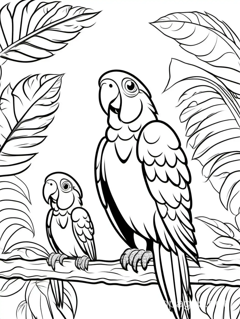 cute Parrot with his baby for kids easy for coloring, Coloring Page, black and white, line art, white background, Simplicity, Ample White Space. The background of the coloring page is plain white to make it easy for young children to color within the lines. The outlines of all the subjects are easy to distinguish, making it simple for kids to color without too much difficulty