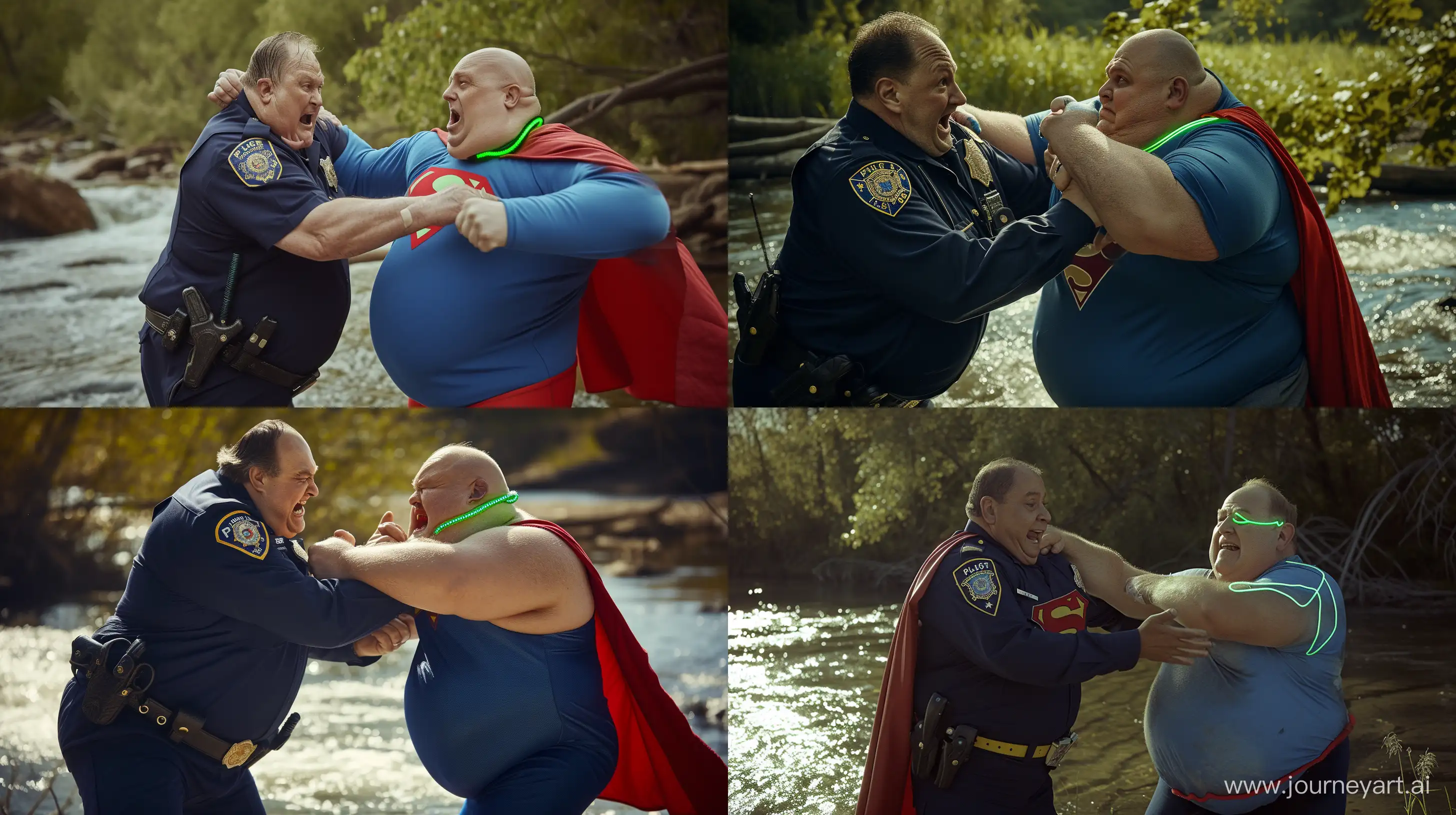 Photo of a fat man aged 60 wearing a navy police uniform wrestling a fat man aged 60 wearing a tight blue 1978 superman costume with a red cape and a tight green glowing neon dog collar. Natural Light. River. --style raw --ar 16:9