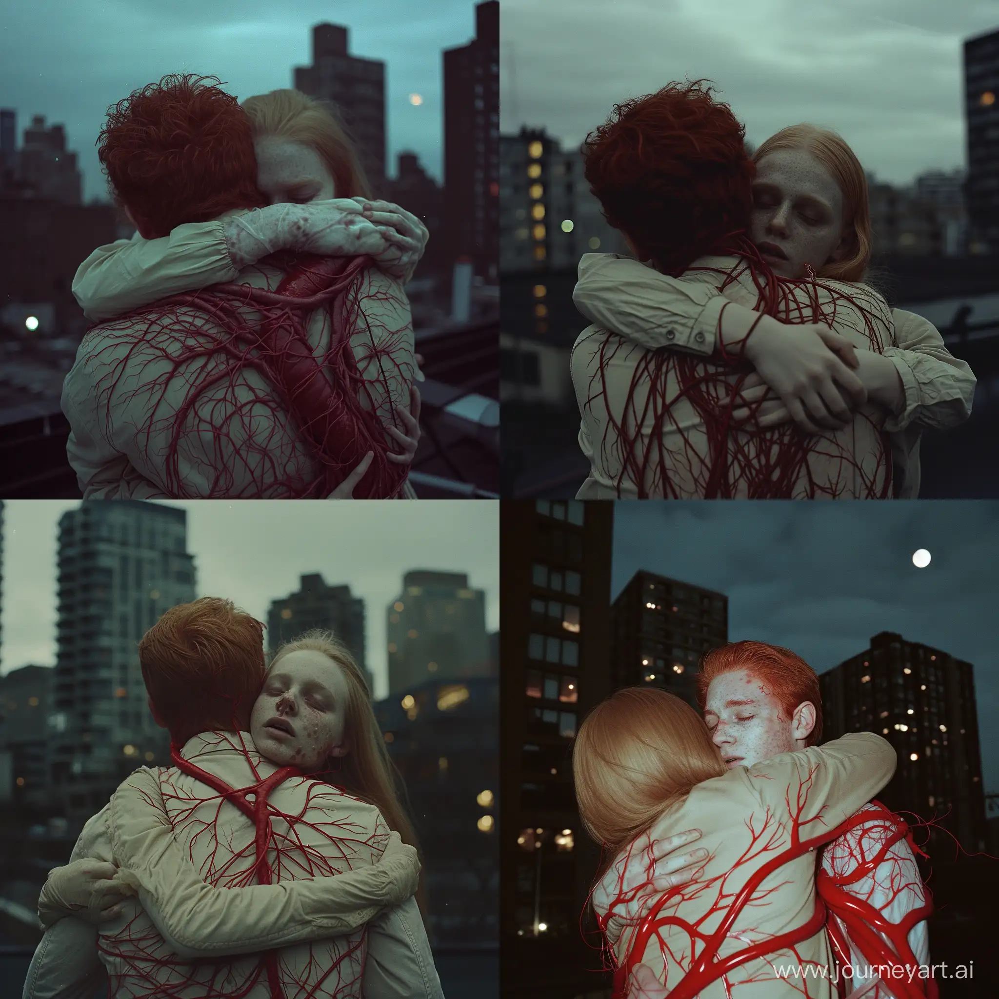 ultra-realistic shot on 16mm camera from the back. redhead man somewhere around buildings. beige girl hugs him.  very dark night, urban wide-shot with buildings in the background somewhat blurry, photo with 8mm, looks like part of the music video. noisy photo, night lighting and moon blurred into the skies. all around them we see veins and arteries hugging them. close up shot on camera with flash, close up, eery dark feeling, ultra-realistic