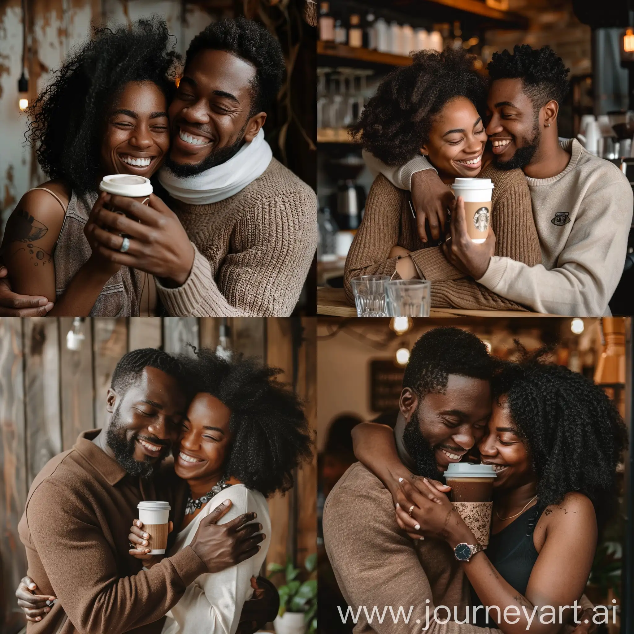 generate photo of black couple hugging and drinking coffee