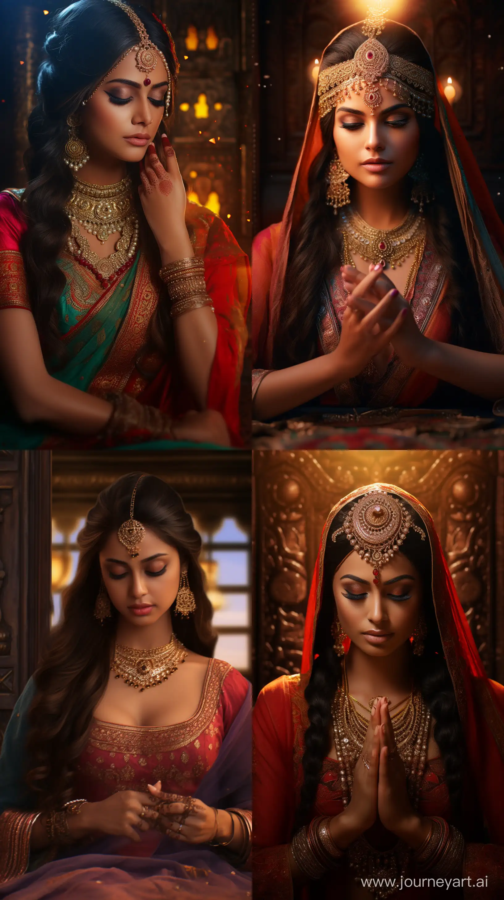 Realistic colorful images depicting a beautiful Indian woman crowned dressed like a Royal seated and applying Sindoor or Vermillion powder in her forehead using her finger, intricate details, 8k quality images, low ambient lighting --ar 9:16 