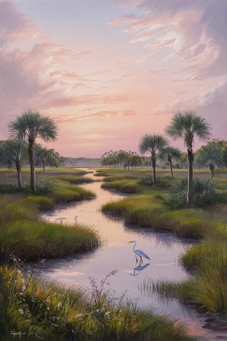 Imagine a serene scene capturing the essence of a Lowcountry marsh in South Carolina, illuminated by the soft, golden light of sunrise. The landscape is a harmonious blend of natural beauty, where the sky, awash with the gentle hues of dawn—pinks, oranges, and light blues—reflects onto the tranquil waters of winding tidal creeks. These meandering waterways cut through the marsh, creating a complex network of channels that are bordered by lush, green grasses and sporadic groups of palmetto trees, their fronds gently swaying in the morning breeze. In the foreground, delicate wildflowers add splashes of color, while a pair of egrets wade gracefully in the shallow waters, searching for their breakfast. The scene is peaceful and untouched, a perfect representation of the Lowcountry's unique and captivating landscape at the start of a new day. The style of the painting should aim to capture the tranquility and natural beauty of this setting, with a focus on the subtle interplay of light and color that defines the sunrise over the marsh.