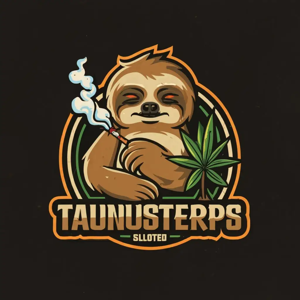 a logo design,with the text 'TaunusTerps®', main symbol:a stoned sloth smoking a joint and add some cannabis.use exact the same graphic as now, just add some garlic, mushrooms and onions ,complex,clear background