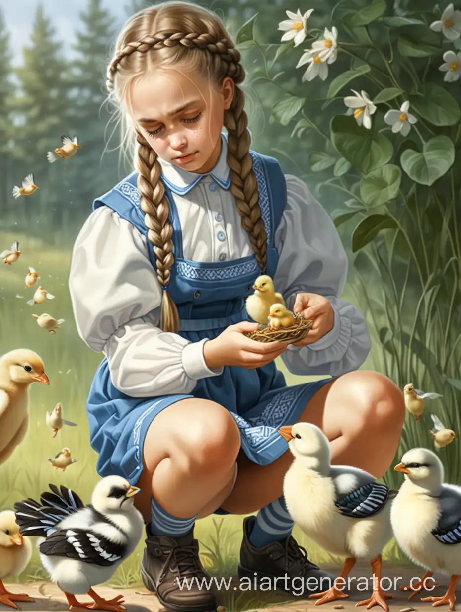 Девушка русская в спущенных носках и национальном мини-платье с длинными рукавами и косичками кормит цыплят, полный рост