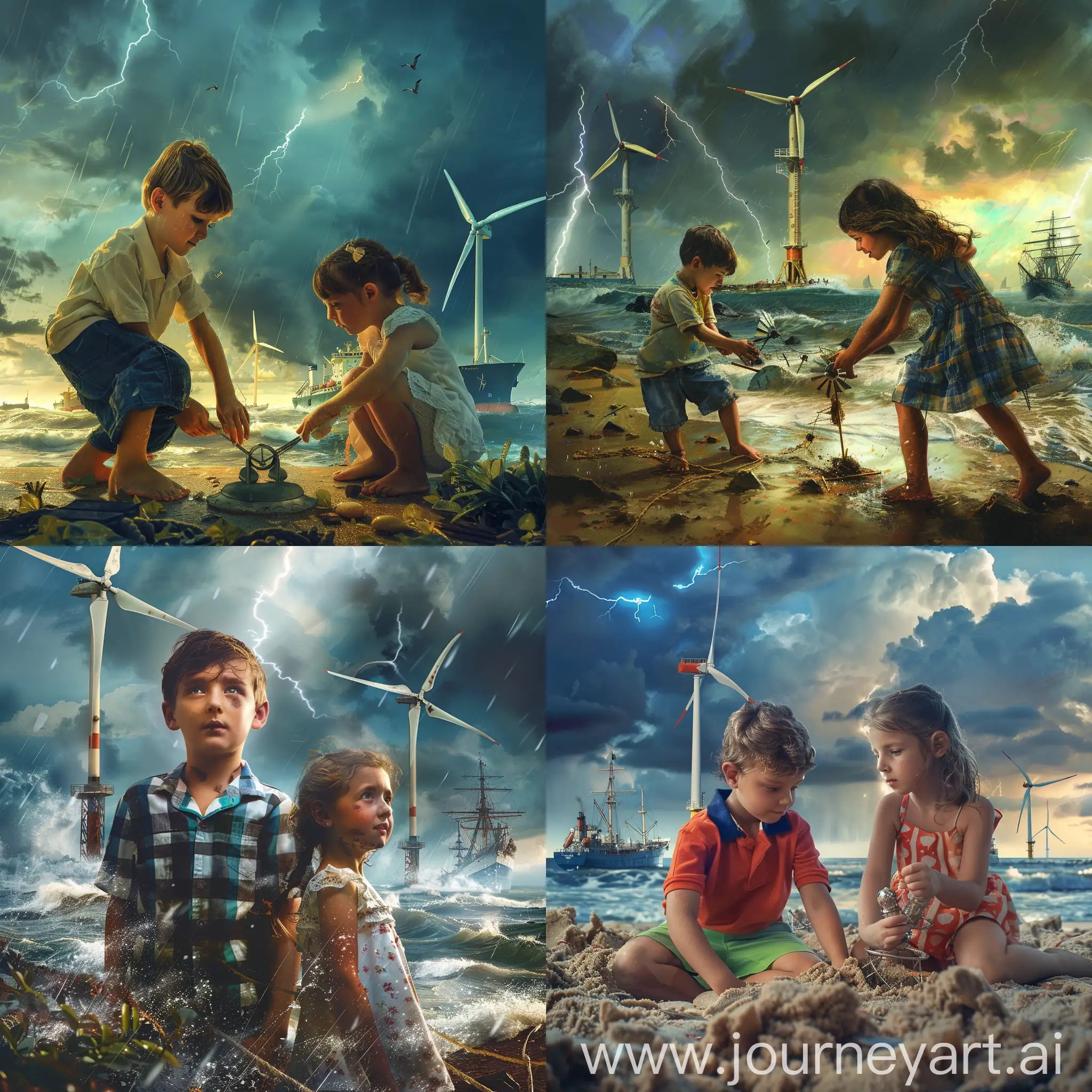 一个7岁男孩和一个8岁女孩玩风车，在海边，大船，雷暴雨，高清