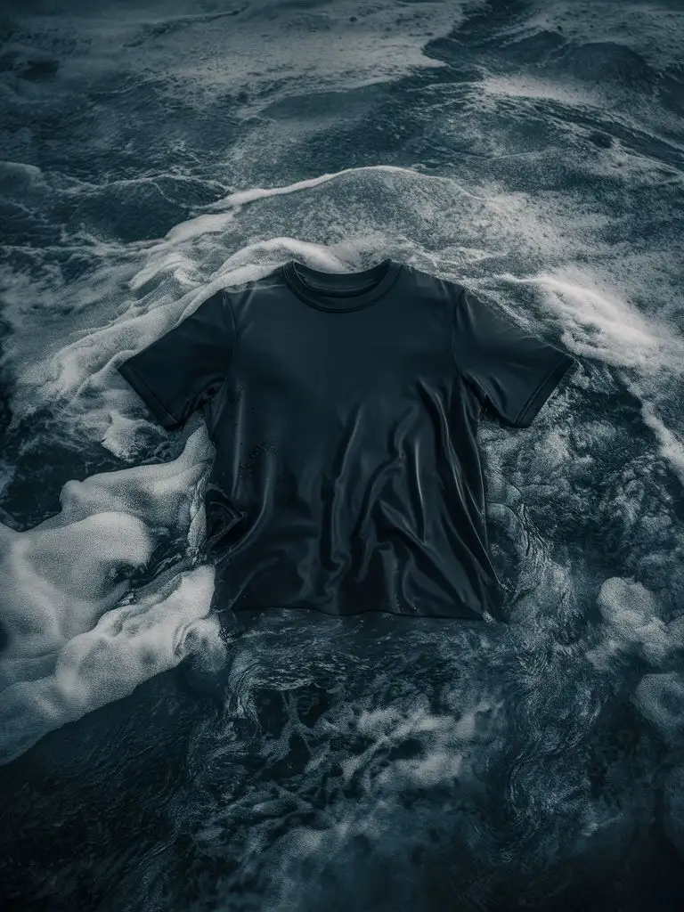 Monochrome black short-sleeved T-shirt in the cold seawater
