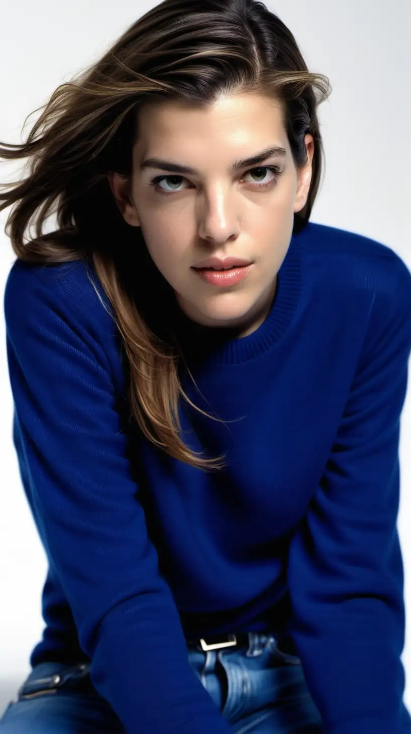 Seductive Pose Charlotte Casiraghi in Royal Blue Sweater on White Bed