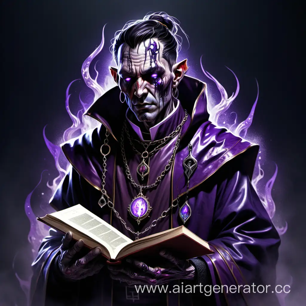 A fantasy priest with a pendant and a book, his whole body looks rotting and scarred with purple veins.