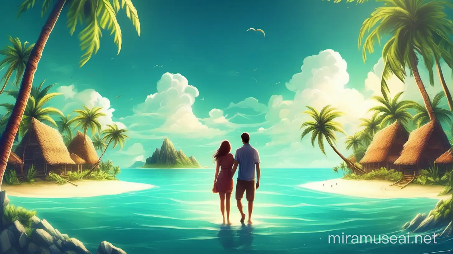 a tropical island and a loving couple