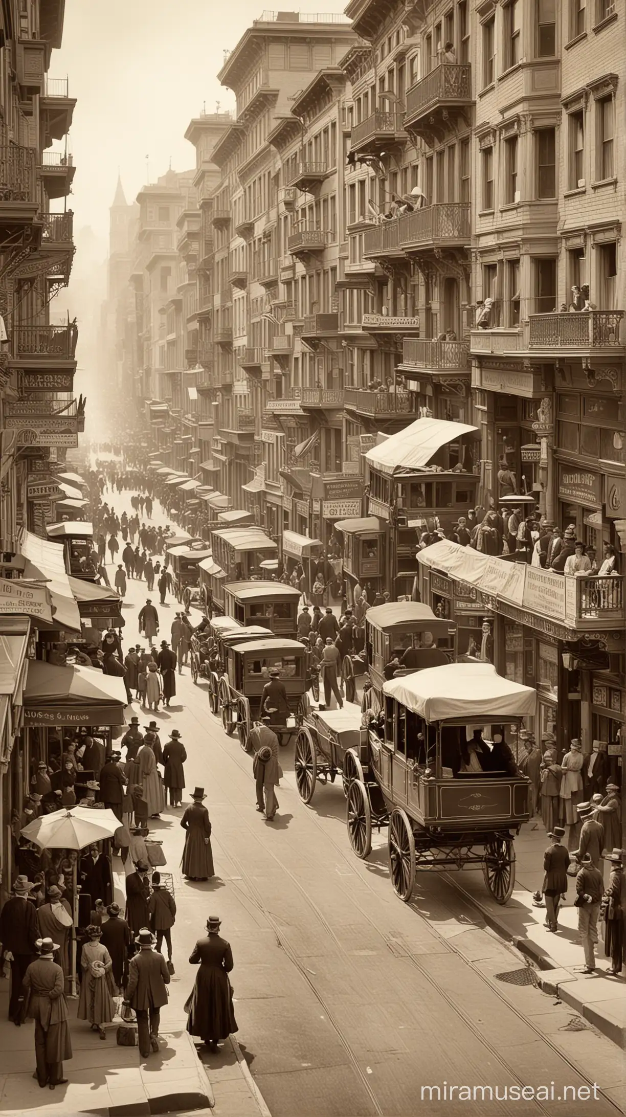 A bustling street scene in 19th century San Francisco, filled with people of diverse backgrounds and activities.