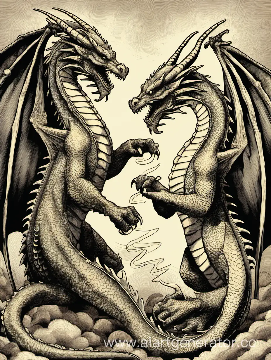 Two dragons fighting, neither of them have wings
