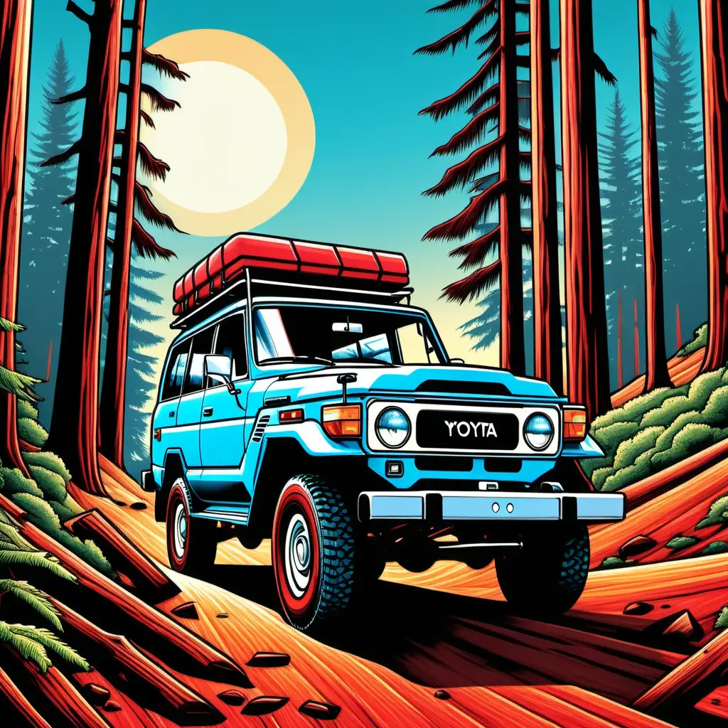 toyota land cruiser retro illustration in solid bright colors, blue sky, sun and redwoods