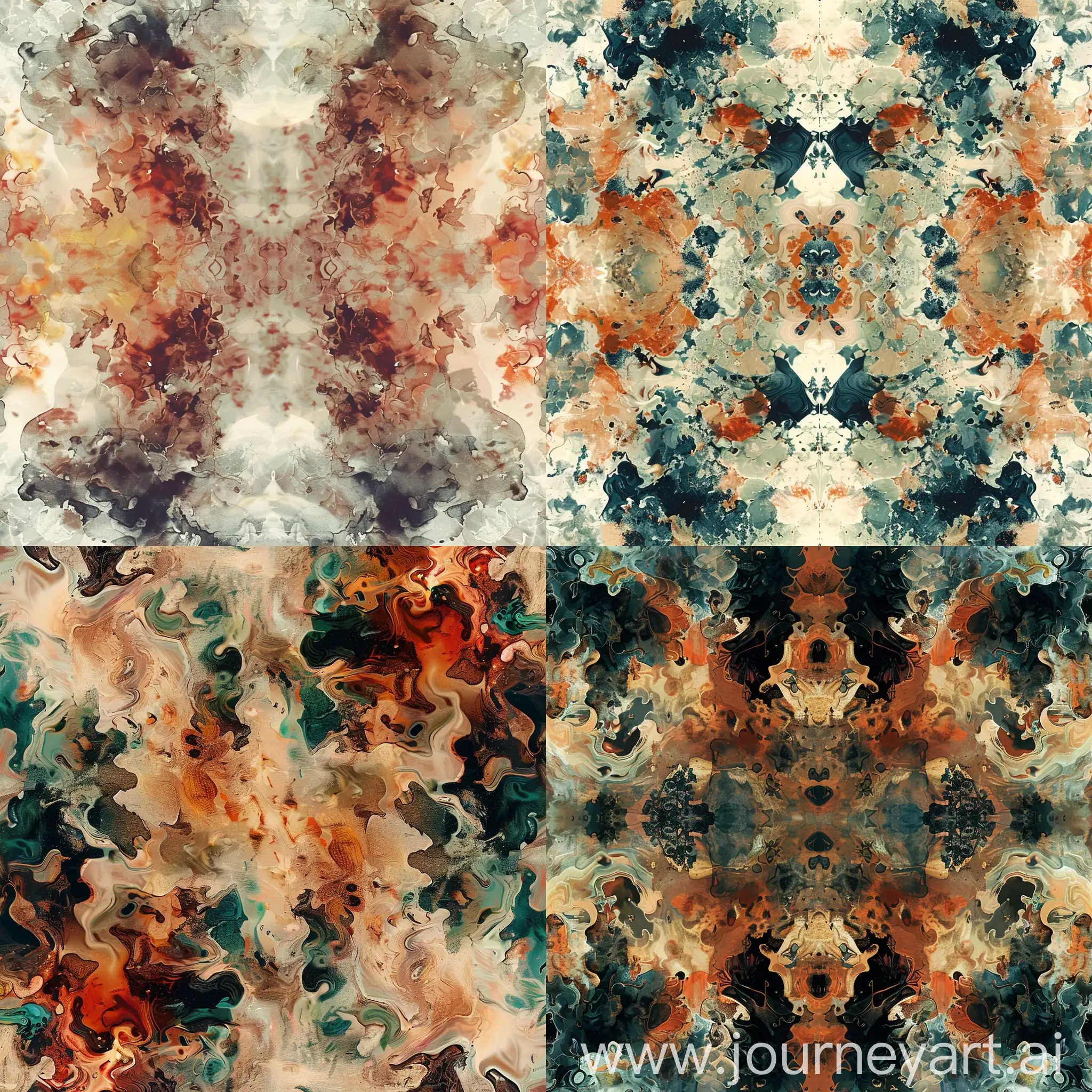 Create a full-screen, organic, and generative image that embodies an ambient and experimental music theme. The design should fill the entire canvas, resembling a rich tapestry of inkblots, watercolor washes, or fluid art. There should be no central object or figure, just a seamless, abstract pattern that looks spontaneous and alive, with a harmonious blend of earthy and cool colors.
