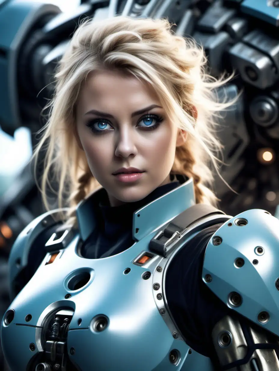 Beautiful Nordic woman, very attractive face, detailed eyes, big breasts, dark eye shadow, messy blonde hair, dressed as an Anthem javelin pilot, close up, soft light on face, rim lighting, facing away from camera, looking back over her shoulder, standing in front of a giant robot,  photorealistic, very high detail, extra wide photo, full body photo, aerial photo