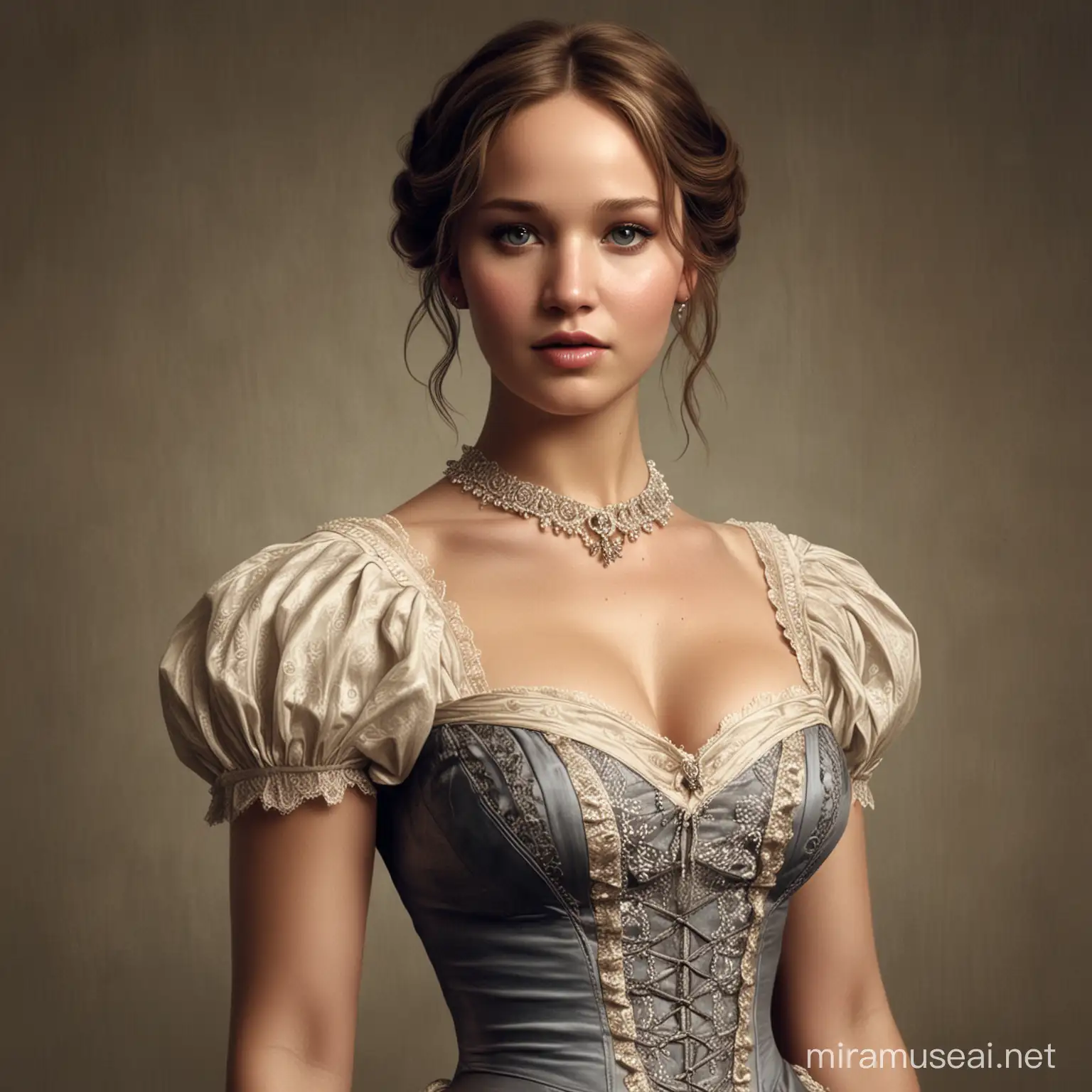 Photorealistic Portrait of Jennifer Lawrence in a Seductive Victorian Era Dress