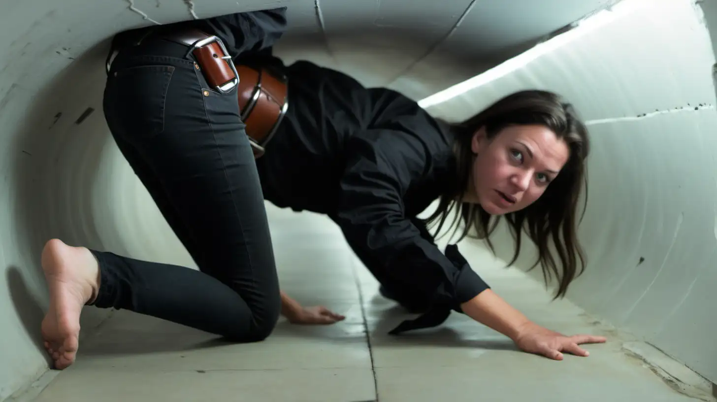 Young Woman Crawling Through Air Duct in Tight Black Jeans