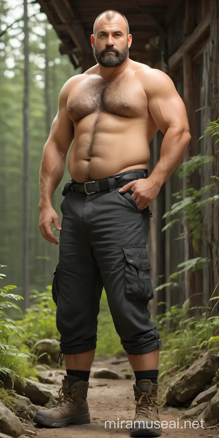 realistic photo of 43 years old Eastern European, short, stocky masculine bearish male trucker, perfect daddy belly, some overweight, very handsome and extremely attractive, very sexy, symmetrical handsome face, charismatic and charming, giant bulge, slowly balding, full body, l inviting posing, lives in Finland, groomed extremely thick black short full beard, deeply loves his Finnish wife, really hairy body, wearing t-shirt tight short cargo pants, giant bulge, somewhere deserted resting area, make more photo realistic, bright natural light, perfect exposure, 8K Nikon camera, insane details, extremely hairy body arms legs , thick dense pubic hair below the navel, an alpha male, a real stud
