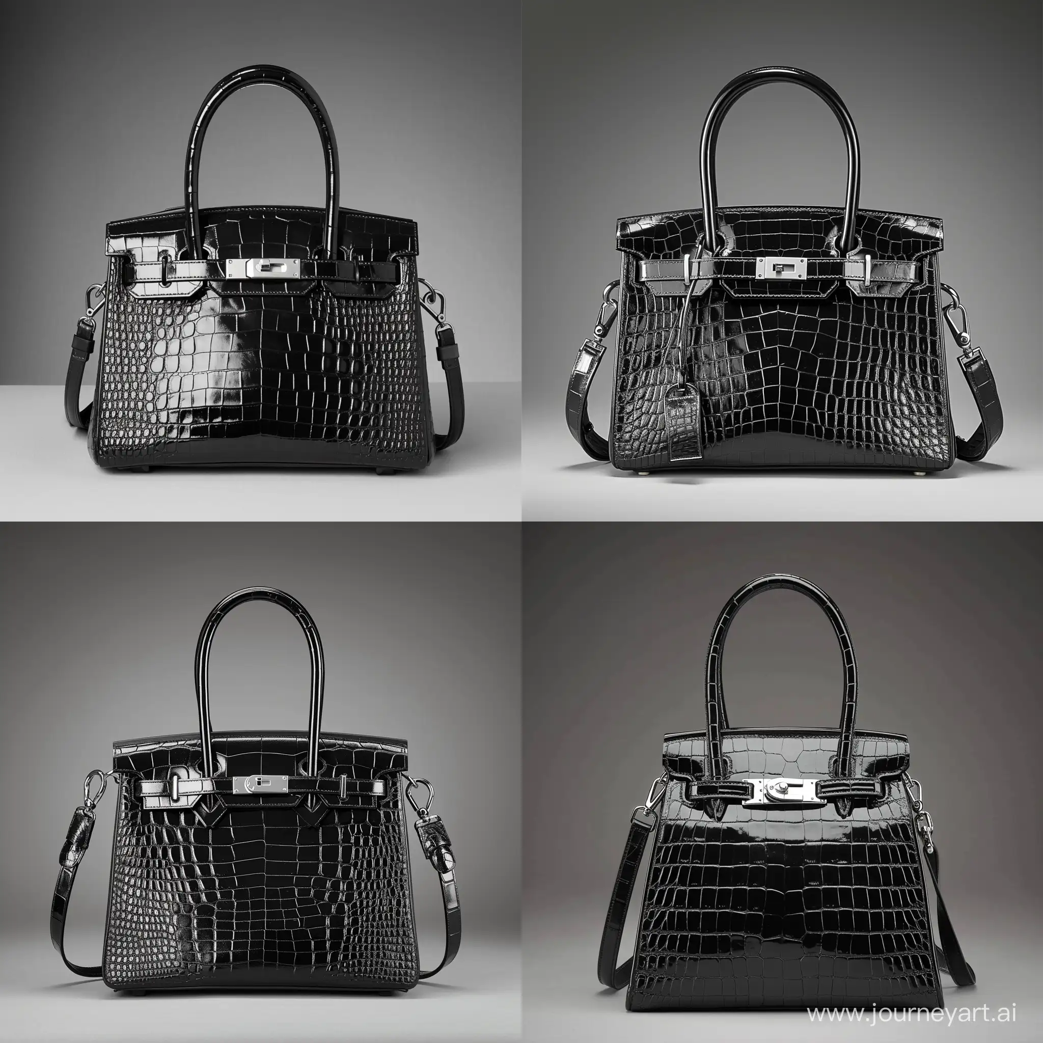 a bright black handbag with a crocodile skin pattern. The handbag has two small handles and a longer strap, and a metallic clasp in the front. It is photographed against a grey background