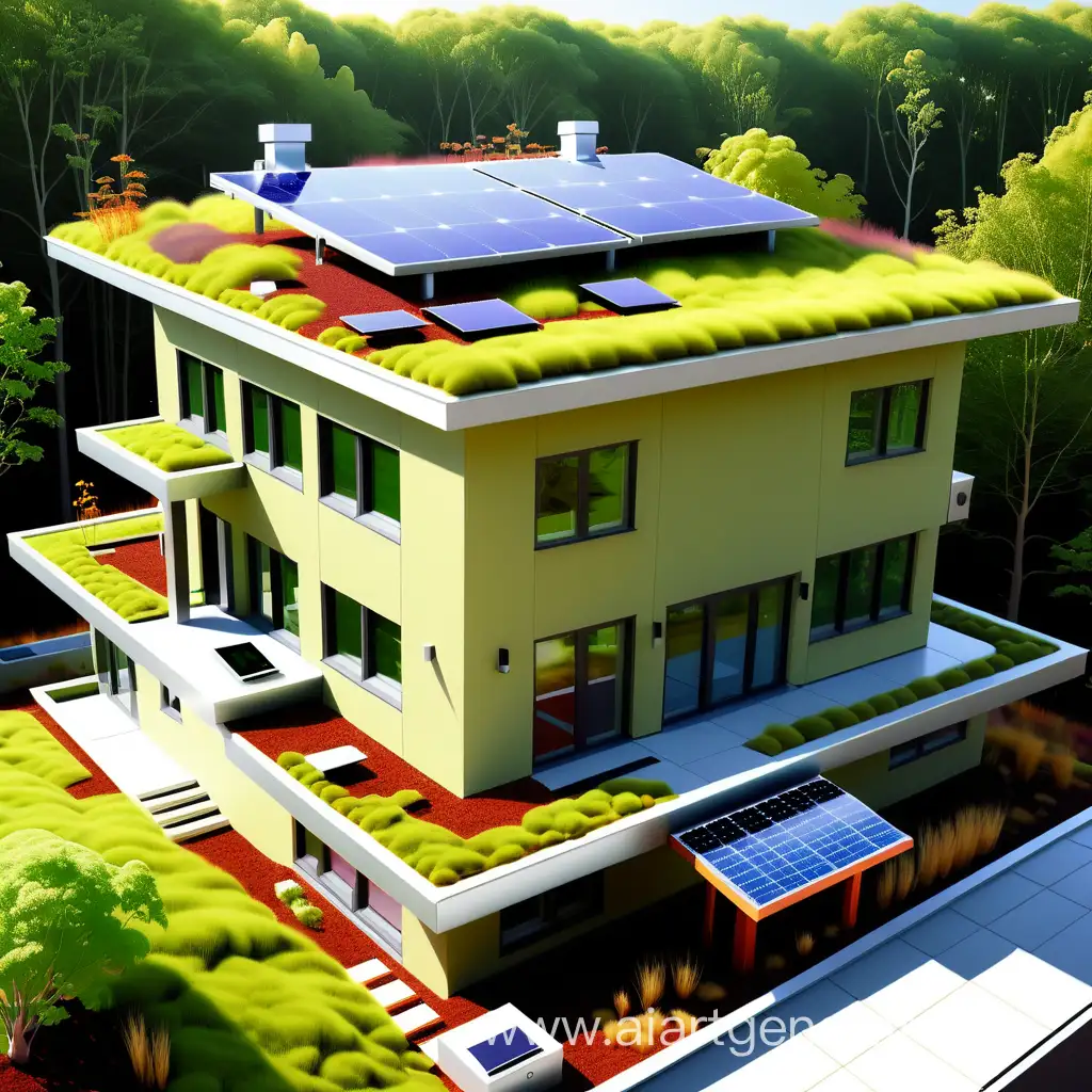 Sustainable home poster, Greenroof, Solar power heating, Biophilic design,
Leed certification, a badge of pride displayed, Smart Technology Homes, In green-roofed homes,