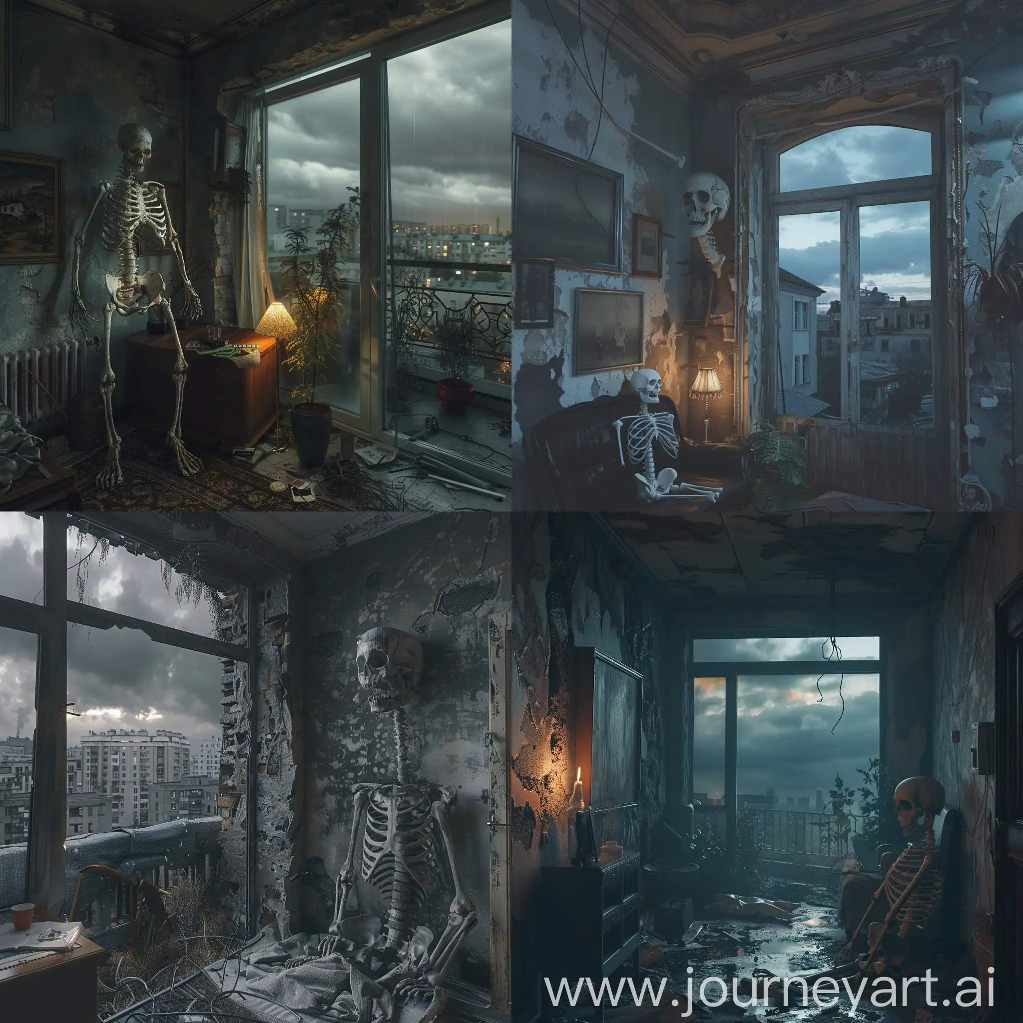 furnished apartment, Abandoned apartment in Rosi,Gloomy atmosphere, an abandoned old building, a post-apocalypse,ghost skeleton,  a ruined apartment,  almost invisible, night, cloudy, gloomy atmosphere, hyper-realism, 8K image quality, ultra detail