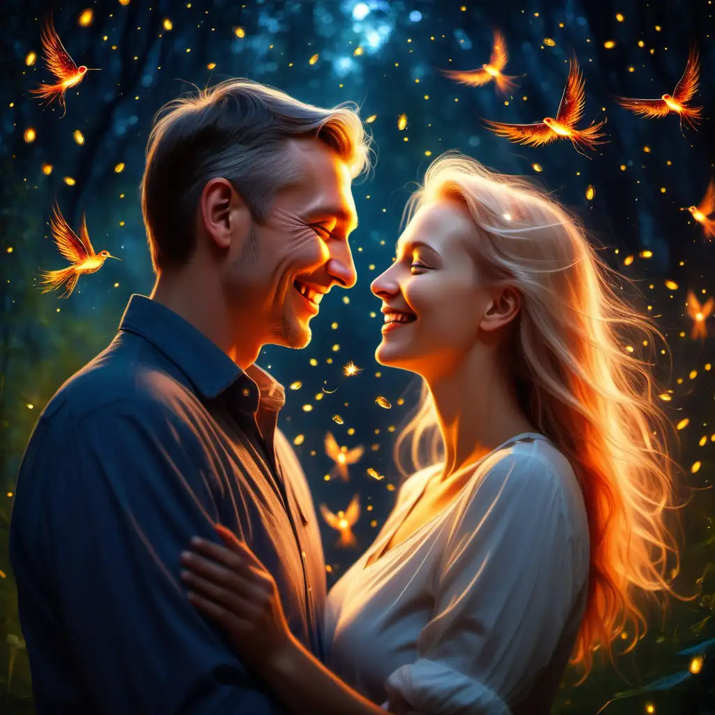 Mitteleuropäisches Liebespaar, das sich glücklich anlächelt. Sie sind umgeben von Glühwürmchen und Feuervögeln